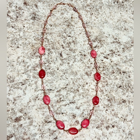 Oval Pink Marble Agate Gemstone Necklace 26” - Picture 7 of 10